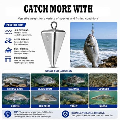 Pyramid Fishing Sinkers for Saltwater Surf Fishing, Lead Casting Weights for Beach Pier Ocean Bottom Rigs, 1oz, 2oz, 3oz Assorted Fishing Tackle - size: 1oz、2oz、3oz-10Pcs