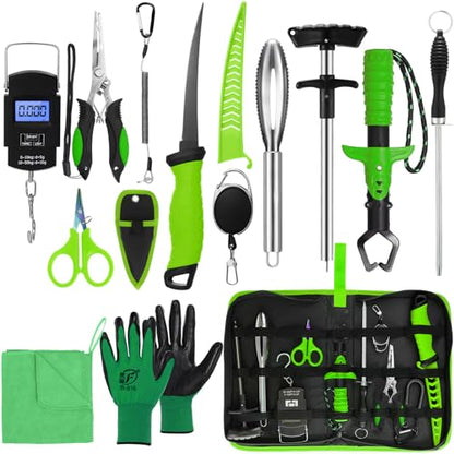 RoundFunny 14 Pcs Fishing Tool Kit, Fillet Knife, Fishing Pliers with Lanyard, Digital Scale, Lip Gripper, Hook Remover Fish Scaler Braid Scissors Gloves Sharpening Rod Retractor Towel Bag - color: Green, style: B