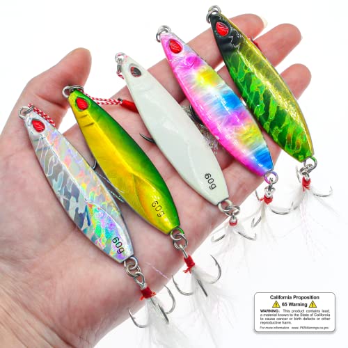 Fishing Jigs Vertical Saltwater Jigs Vertical Jigging Spoon Fishing Tuna Lures Boat Fishing Artificial Lures for Tuna, Grouper, Dogtooth, Snapper, Bass, Salmon/60g, 80g,120g - color: 5pcs-multicoloured