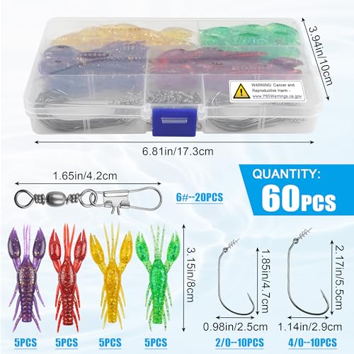 Crawfish Bait Soft Plastic Lures Set for Bass Fishing, 60pcs Silicone Craw Swimbaits with Twistlock Hooks Swivel Snaps Ned Rig Baits Kit for Trout Salmon Freshwater Saltwater