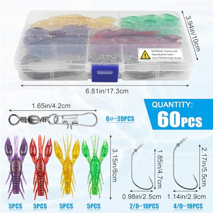 Crawfish Bait Soft Plastic Lures Set for Bass Fishing, 60pcs Silicone Craw Swimbaits with Twistlock Hooks Swivel Snaps Ned Rig Baits Kit for Trout Salmon Freshwater Saltwater