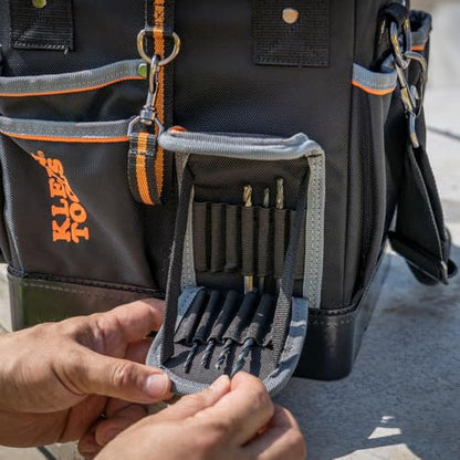 Klein Tools 5541610-14 Tool Bag with Shoulder Strap Has 40 Pockets for Tool Storage and Orange Interior - size: 10-Inch Tote