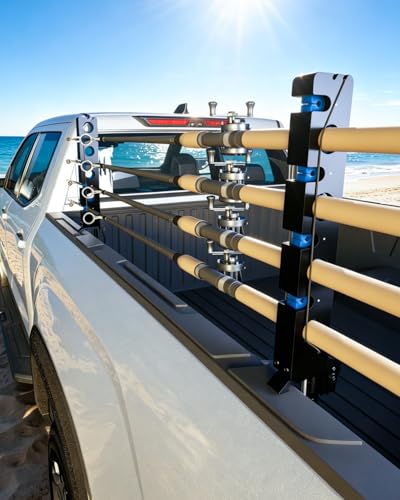 Fishing Pole Rack for Truck Bed Fishing Rod Holder Truck Fishing Pole Holder Holds up to 8 Rods or 4 Fly Rods Storage Organizer for Ford F150 Dodge Ram Tundra