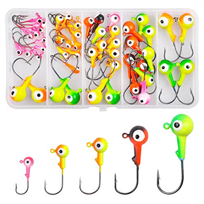 Fishing Jig Head Hooks Kit, Round Ball Crappie Jig Heads Lures Assorted Painted Fishing Lures Jig Heads for Walleye Bass Saltwater Freshwater Fishing 50/69/70pcs - style: 50pcs Kit