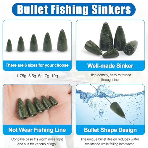 Fishing Weights Sinkers,30/50 Pack Lead Bullet Sinker Worm Weight Bass Fishing Texas Rig Carolina Rigs Slip Sliding Weights Freshwater Saltwater - size: 1/16oz - 50pcs