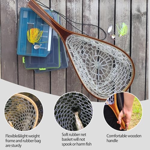 Aventik Fly Fishing Landing Net for Trout Soft Rubber Ghost Mesh Catch and Release Wooden Frame Lightweight and Tangle-Free - style: Fishtail Hand Round Head