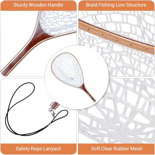 Garvee Fly Fishing Landing Net, Soft Rubber Mesh Trout Net with Straight Handle Frame for Catch and Release, Gifts for Father Men