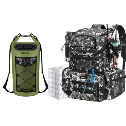 Piscifun Fishing Tackle Backpack with Rod Holders & 4 Tackle Boxes,42L Digital Camo Dry Bag, Waterproof Floating bag 10L Green