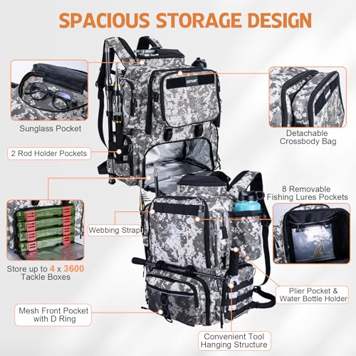 Goture Fishing Backpack with 4 Tackle Boxes,58L 900D Water-Resistant Tackle Backpack with Cooler,Rod Holders,8 Lure Pockets, Detachable Crossbody Bag,Gear Storage Large Fishing Bag for Camping Hiking - color: D1:digital Camo With 4 Tackle Boxes
