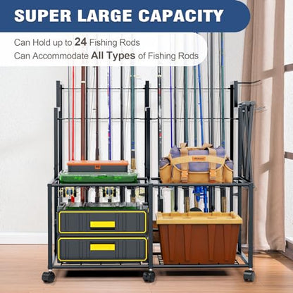 Miratino Fishing Rod Holders for Garage, 24 Rod Fishing Pole Rack Cart with Wheels, Fishing Rod Storage Organizer with Shelves, Rolling Tackle Storage Rack for Fishing Gear, Garage Basement Shed