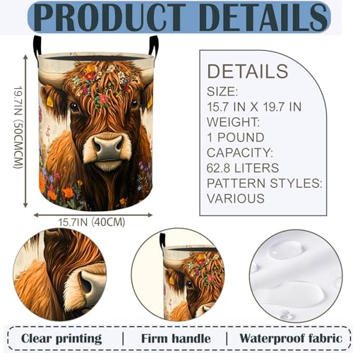 Highland Cow Laundry Basket Hamper 19.7"x15.8", Farm Animal Foldable Waterproof Oxford Clothes Storage Bucket for Room Bathroom Bedroom Nursery Decor, Toy Organizer Bins Gifts for Kids Boys Girls - style: Highland Cow02