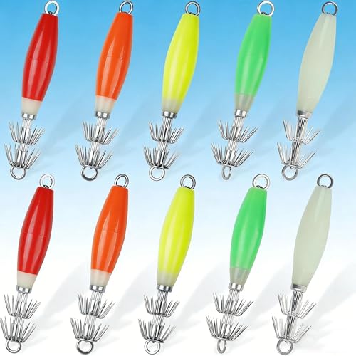 Glow Squid Jigs Kit, 10 Pcs-Maximize Your Night Catch with These High-Intensity Glowing Lures. Saltwater-Ready, Durable Hooks Included in a Convenient Tackle Box for Instant Fishing.