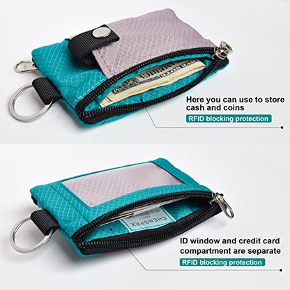 CHENSPRX Minimalist RFID Blocking Small Wallet with ID Window,WaterResistant Zip Id Case Wallet with Lanyard Keychain for Cards,Cash,Travel,Women,Men - color: LightPurple+Turquoise