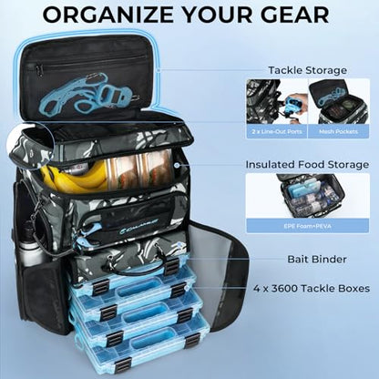 Calamus GearMaster Tackle Backpack with Bait Binder, Large Lightweight Water-Resistant Fishing Bag, Rod Holders, Food Storage - color: Black Camo With (4) 3600 Tackle Boxes