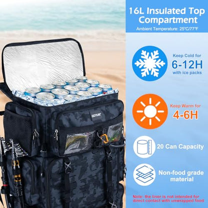 Goture Fishing Backpack with Cooler,72L Large 600D Tackle Backpack with Rod Holders,Dry & Wet Split Compartment,Adjustable Main Compartment,Rain Cover,Insulated Tactical Bag for Travel Camping Hiking - color: Camo (Only Bag, Without Tackle Box)