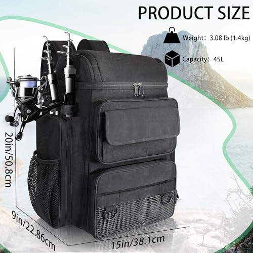 Fishing Tackle Backpack With Rod Holders, 45L Large Tackle Bag & Fishing Tackle Backpack for Fishing, Camping, Hiking,Black - color: Black