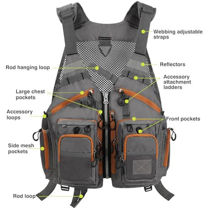Gonex Fly Fishing Vest for Men Women, Comfortable Adjustable Fishing Vest with Multi-Pockets Reflective Stripes - color: Gray+brown