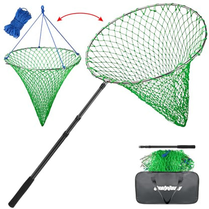 QualyQualy Foldable Pier Fishing Net 23" with Rust-Proof Stainless Steel Ring & Heavy-Duty Poly Mesh | Saltwater & Freshwater Landing Net for Kayak, Bridge Fishing Lightweight Durable Design - color: Green