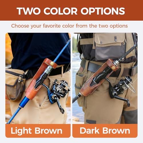 Brown Leather Fishing Rod Holster | Single Slot Belt Mount Carrier for Surf Fishing & Wading | Hands-Free Compatible with Fly Reels and Spinning Reels - color: Light Brown