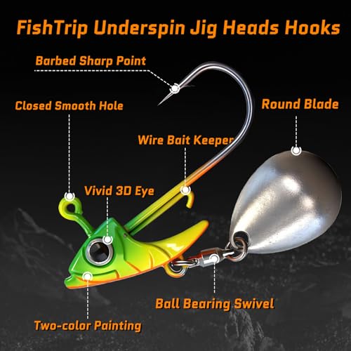 FishTrip Underspin Jig Heads Hooks - 1/4 oz,3/8 oz,1/2 oz Swimbait Jig Head with Spinner Blade for Fishing Saltwater Freshwater 5pcs - size: 3/8oz_10.5g_10pcs