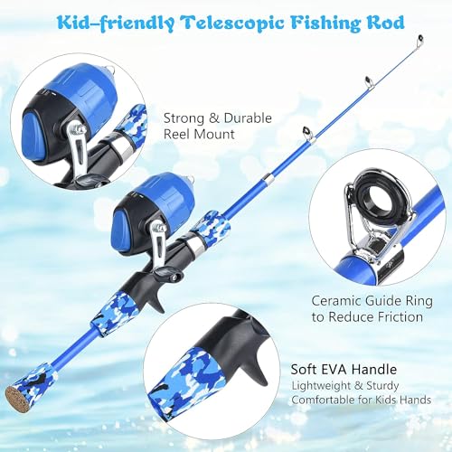 Milerong Kids Fishing Rod, Kids Fishing Pole Portable Telescopic Fishing Rod and Reel Combo Kit for Boys, Girls, Youth - with Spincast Fishing Reel, Fishing Tackles, Fishing Lures, Fishing Lines - color: Blue Fishing Rod Set 1.2m