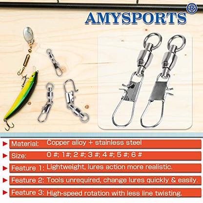 AMYSPORTS Fishing Swivels with Interlock Snap Ball Bearing Swivels Fishing Snap Swivels Saltwater Freshwater Fishing Tackle Leader Lure Jigs Line Fishing Connector - size: size2 (29lb) 50 pcs