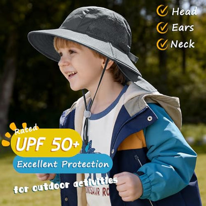 Outdoor Kids Sun Hats with Neck Flap Boys Girls Wide Brim UPF 50+ UV Protection Children Bucket Hat Safari Hat - color: 1pack-darkgrey