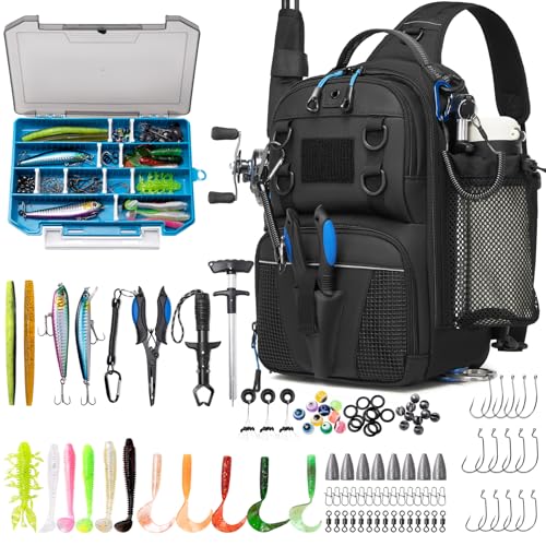 Fishing Bag with Tackle Boxes, Lightweight Fishing Sling Pack,Convertible Tackle Bag with Rod & Beverage Holder, Fishing Gear with Lures, Pliers, Lip Gripper, Black with Fishing Tools - color: Black（Included Fishing Tools Kit）