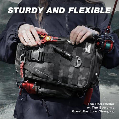 Ghosthorn Fishing Backpack with Tackle Boxes Fish Lip Gripper Pliers Lures Waterproof Tackle Bag with Rod Holder Fishing Gear - color: Black Camouflage, size: Standard