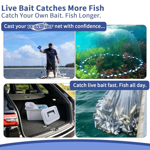Yeahmart Handmade American Cast Net, 3ft-8ft Radius Casting Net for Saltwater & Freshwater, 3/8 Inch Mesh Monofilament Bait Trap Rust-Proof PVC Coated Sinkers, Easy Throw, Bucket & Repair Kit Included - size: 4ft Radius