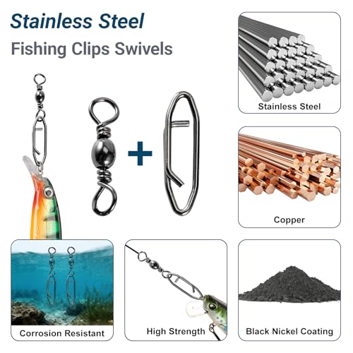 Atibin Saltwater Freshwater Snap Swivels Stainless Heavy Steel Fishing Clips Swivel Barrel Clip Fishing Snaps Rolling Speed Change Black Nickel - size: Size 8+S (46lb) 50 pcs