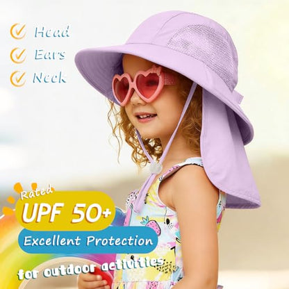 Outdoor Kids Sun Hats with Neck Flap Boys Girls Wide Brim UPF 50+ UV Protection Children Bucket Hat Safari Hat - color: 1pack-purple