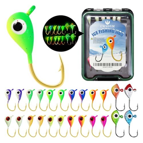 Ice Fishing Lures Kit, 24pcs Micro Bright Jig Heads for Panfish, Crappie, Walleye, Perch, Trout, Bluegill Ice Fishing Hooks Set with Waterproof Tackle Box