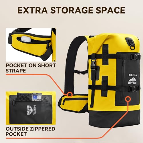 HEETA Dry Bags Waterproof Backpack 40L for Men & Women, Roll Top Heavy Duty Cushioned Hiking Backpack for Kayaking Boating Paddle Boarding Fishing Travel Camping Beach Vacation Cruise Ship Essentials - color: Yellow