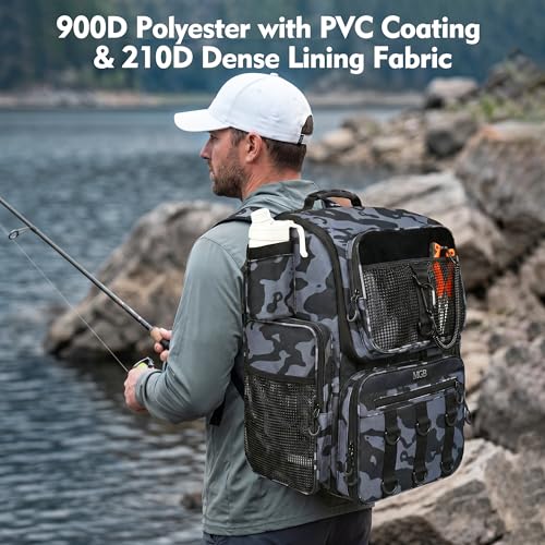 MGB 46L Fishing Tackle Backpack with 2 Rod Holders & YKK Zipper Storage Fishing Gear and Equipment, Gifts for Men Father - color: Blue+Black Camo（without Tackle Box）