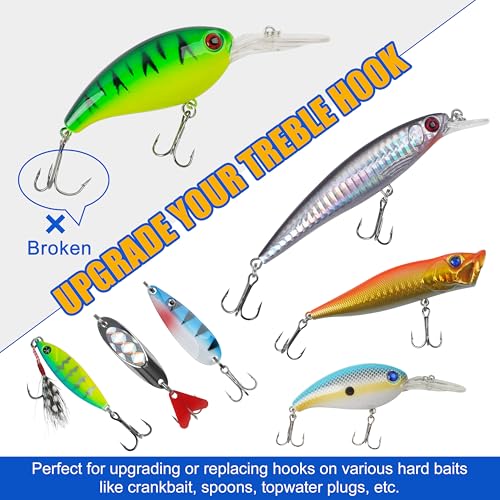 OROOTL Treble Fishing Hooks, 60pcs High Carbon Steel Treble Hooks with Ultra Sharp Barb Corrosion-Resistant Round Bend Triple Hooks for Lures Freshwater Saltwater - size: Size 14#, Pack of 60