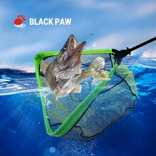 Black Paw Long Fishing Net Large Folding Landing Net with Robust Telescopic Handle for Freshwater and Saltwater, Extend to 45-64 Inch