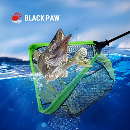 Black Paw Long Fishing Net Large Folding Landing Net with Robust Telescopic Handle for Freshwater and Saltwater, Extend to 45-64 Inch
