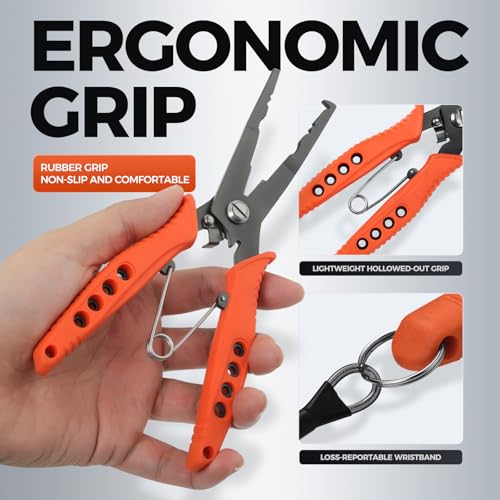 Fishing Pliers for Saltwater and Freshwater - Premium Stainless Steel Split Ring & Hook Remover with Wire Cutter, Non-Slip Handle, Spring Loaded- Must Have Bass/Boat/Kayak Fishing Gear (Orange) - color: Orange