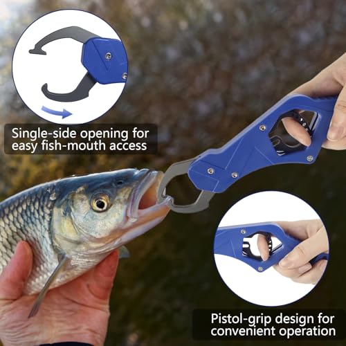 Eupheng Aluminum Pistol-Grip Fish Lip Gripper, One-Hand Operation Lightweight Fish Grabber Tool, Catfish Grippers Pliers for Lure Fishing and Kayak Fishing Accessories - color: Blue
