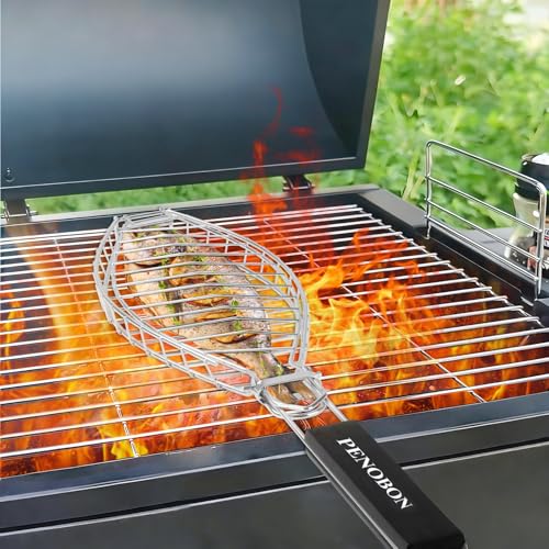 Fish Grill Basket, Heavy Duty Stainless Steel Grilling Basket with Removable Wooden Handle & Bonus Basting Brush, BBQ Accessories for Outdoor Camping Picnic, Cook Whole Fish, Seafood, Vegetables