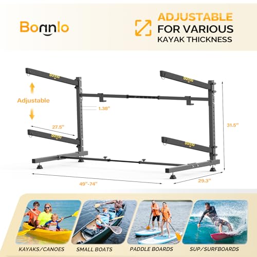 Bonnlo Kayak Storage Rack, Adjustable Heavy Duty Kayak Rack for Kayaks Paddle Boards, Kayak Paddle Holder for Garage, Spacesaver, Gentle on Padding, Boat Organizer - style: 2 Kayaks, Free Standing
