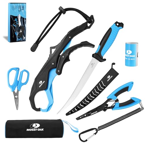 Mossy Oak Fishing Tools Kit- Fishing Plier, Fish Lip Gripper, Multifunctional Fishing Hook Remover with Lanyards Sheath, Saltwater Resistant Fishing Accessories & Equipment, Fishing Gifts for Men - style: 7pc fishing tool kit