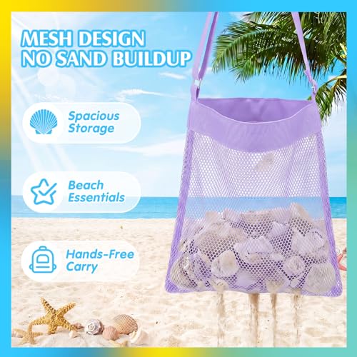 VioraWhite 2 Pcs Extra Large 14 x 16inch Clam Mesh Chum Beach Bags for Seashells Clams Treasures Sand Away Foldable Shell Collection Bags with Adjustable Straps (Purple,Blue) - color: Purple,Blue