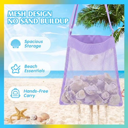 VioraWhite 2 Pcs Extra Large 14 x 16inch Clam Mesh Chum Beach Bags for Seashells Clams Treasures Sand Away Foldable Shell Collection Bags with Adjustable Straps (Purple,Blue) - color: Purple,Blue