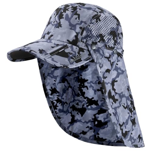 BASSDASH UPF 50+ Foldable Fishing Hat Baseball Cap with Removable Neck Flap Portable for Men Women Golf Hiking - color: Storm Camo With Foldable Brim