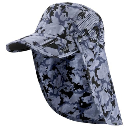 BASSDASH UPF 50+ Foldable Fishing Hat Baseball Cap with Removable Neck Flap Portable for Men Women Golf Hiking - color: Storm Camo With Foldable Brim