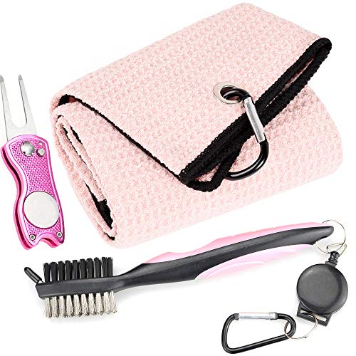 Mile High Life Microfiber Waffle Pattern Golf Towel | Club Groove Cleaner Brush | Foldable Divot Tool with Magnetic Ball Marker (Pink Towel/Brush/Fish Divot) - color: Pink Towel/Brush/Fish Divot