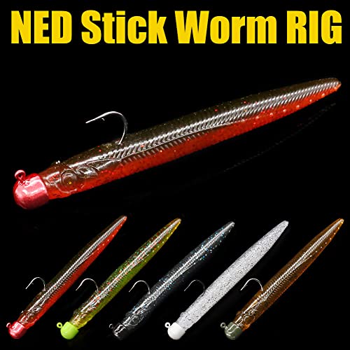 Ned-Rig-Kit-Finesse-Baits-Soft-Plastic-Worms-Fising-Lure for Bass Stick Swimbait Minnow Crawfish Lures Shroom Ned Jig Head Kit - color: 35-Piece 4'' #01 Stick Worms Ned Rig Kit
