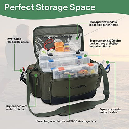 YVLEEN Fishing Tackle Box Bag - Outdoor Large Fishing Tackle Storage Bag - 100% Water-Resistant Polyester Material - Fishing Tackle Bags - Suitable for 3600 3700 Tackle Box (Army Green) - color: Army Green（Not included Trays）
